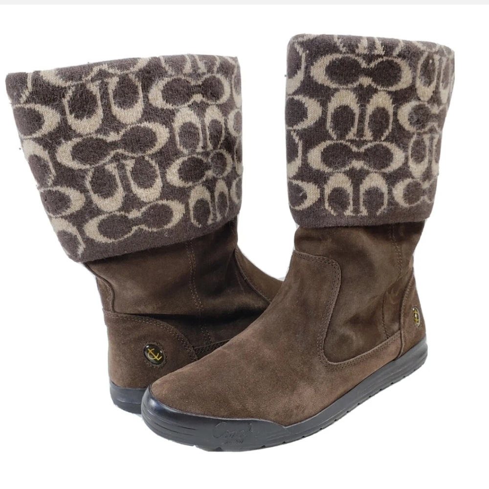 COACH Tatum Suede Wool Sweater Top Boots Sz 8 Brown Beige Signature C Logo